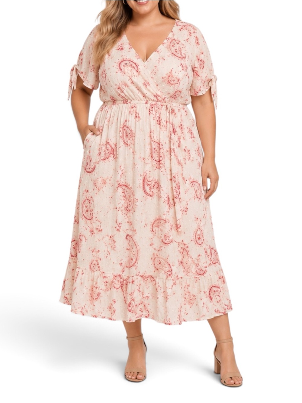 Torrid Midi Swiss Dot Paisley Surplice Dress 2X 18 20 NWT Tie Sleeve Pockets
